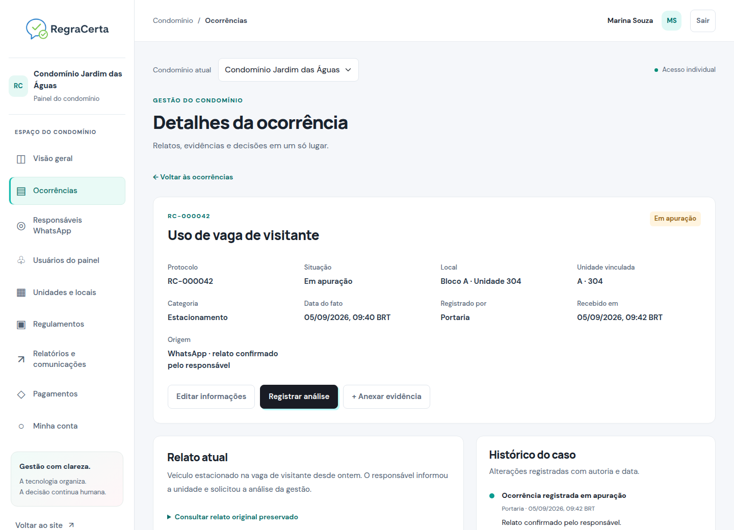 Detalhes do uso de uma vaga de visitante, com protocolo, situação em apuração, autoria, relato e histórico.